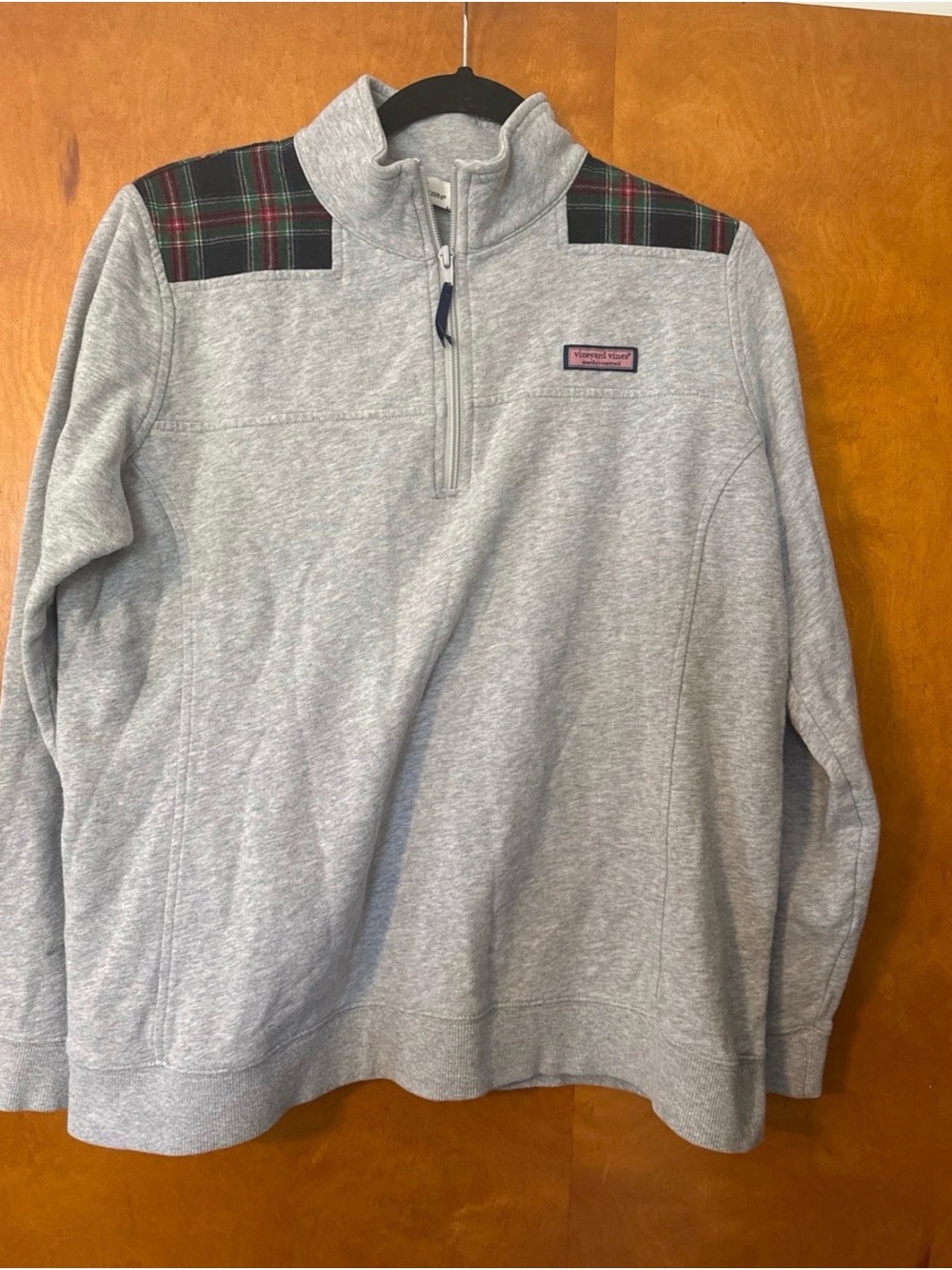 Vineyard Vines Light Gray Quarter-Zip Sweater with Tartan Shoulders